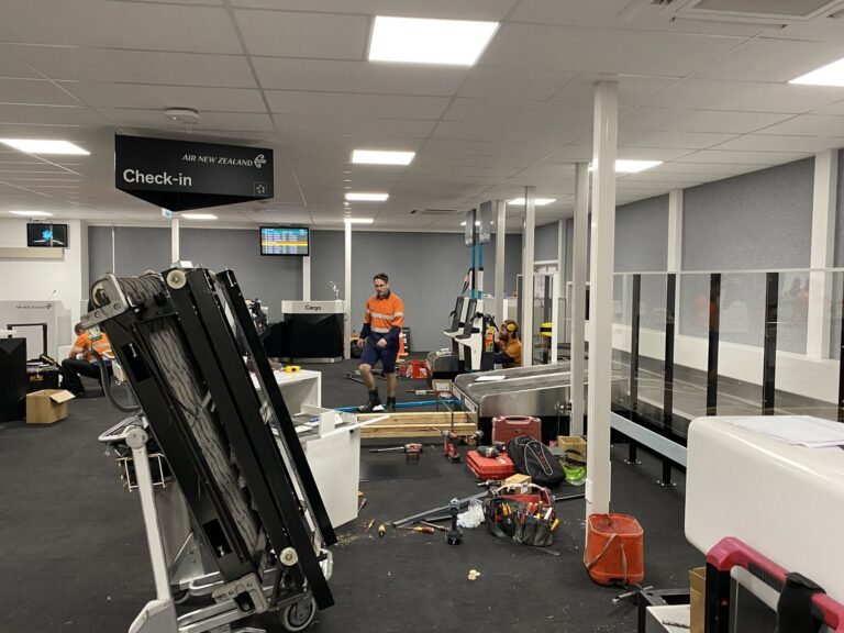 Airline baggage belt being installed in the temporary terminal