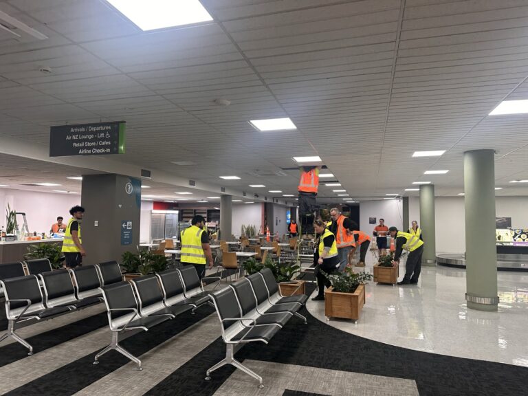 PNAL staff and contractors on moving night into the temporary terminal