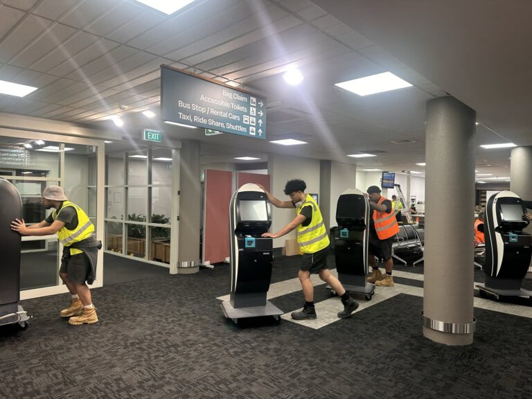 Airline equipment being moved into the temporary terminal
