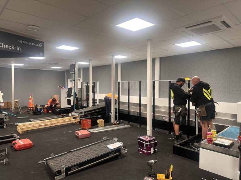 Airline baggage belt being installed in the temporary terminal